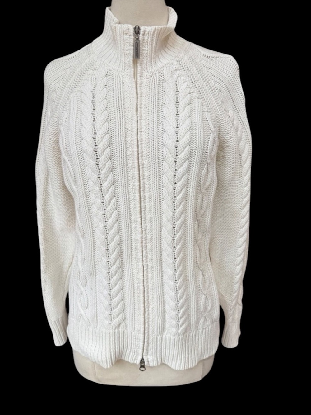 Early 1990s Eddie Bauer Ivory Heavyweight Full-Zip Cable-Knit Cardigan